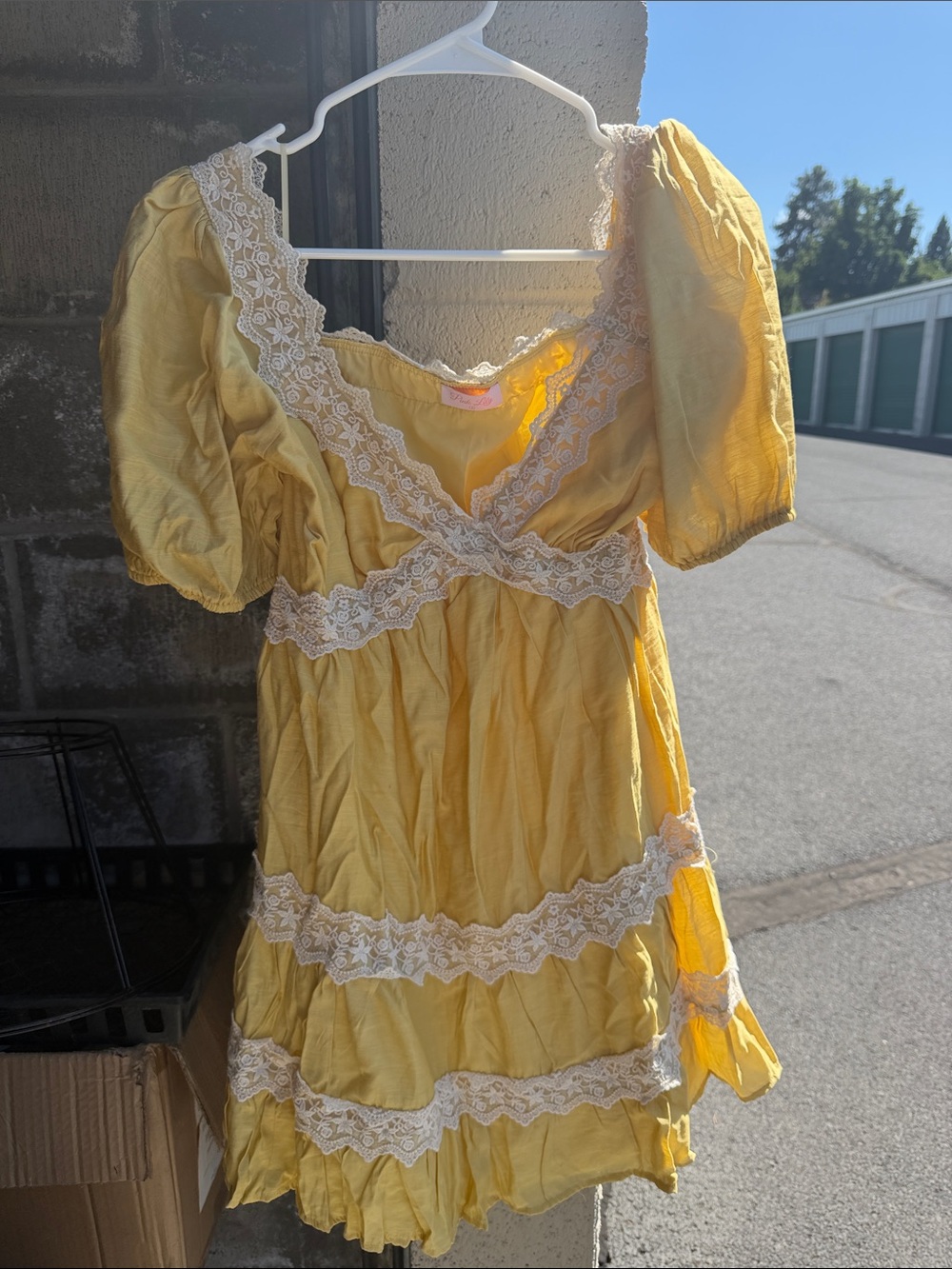 Pink Lily Yellow Mini Dress with Lace Trim